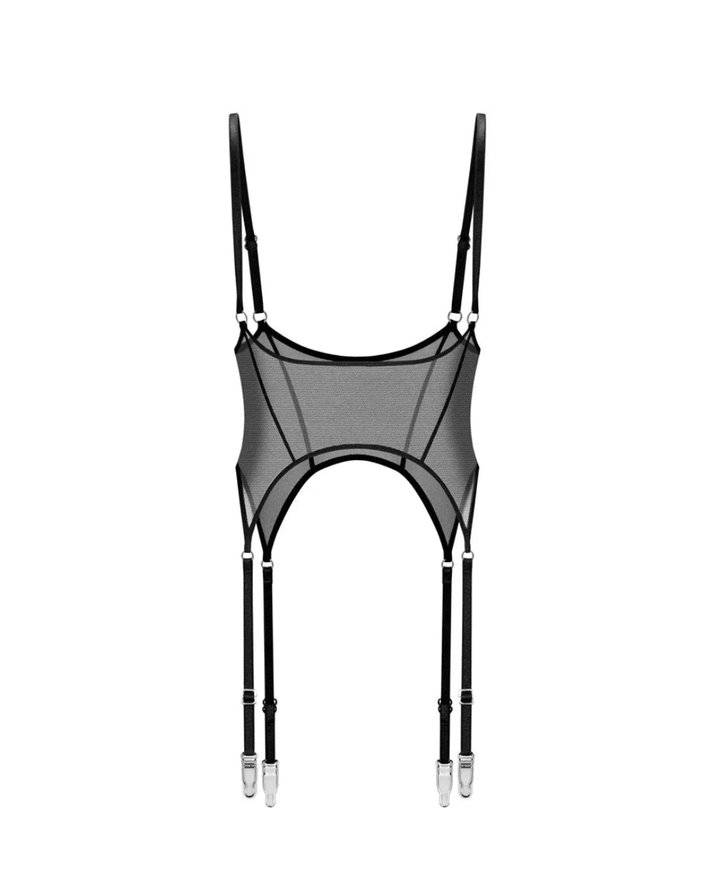 Black mesh thong with suspenders 