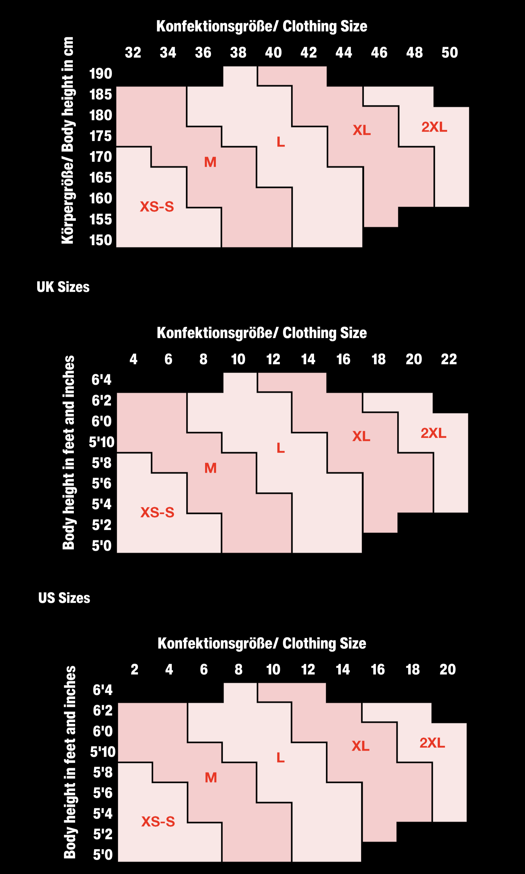 Clothing size chart with images of people wearing different sizes and a guide for saving guide flights.